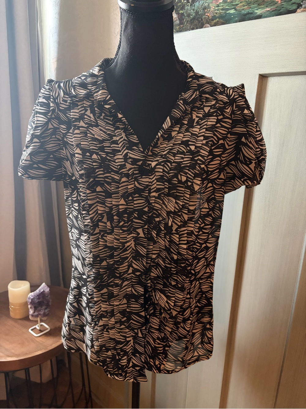 Worthington Black and White Printed Button-Front Blouse
